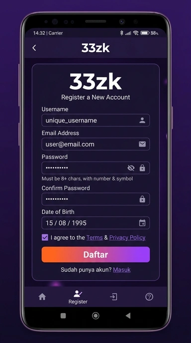 Cara Registrasi Akun Baru 33zk di Android